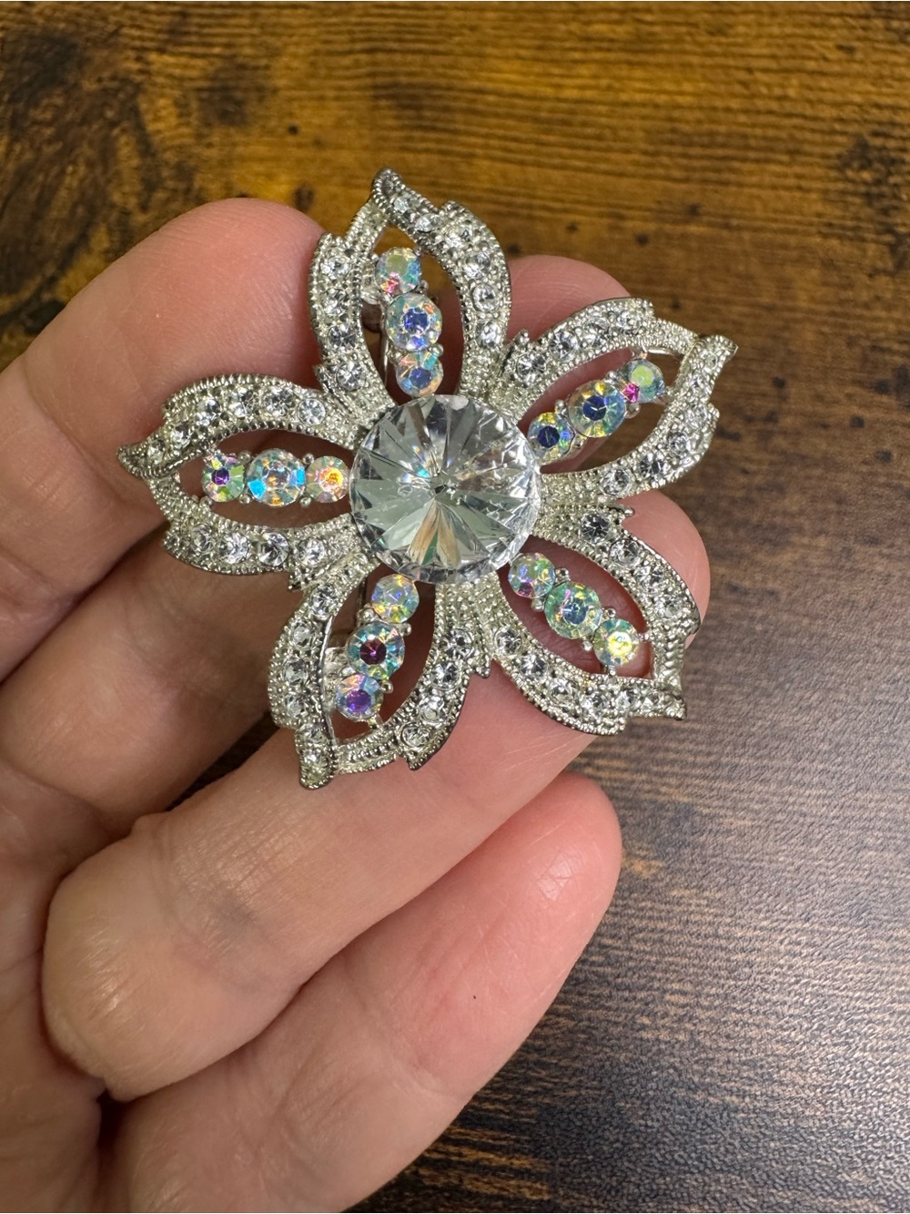 Vintage Silver Floral Brooch with Aurora Borealis Crystals